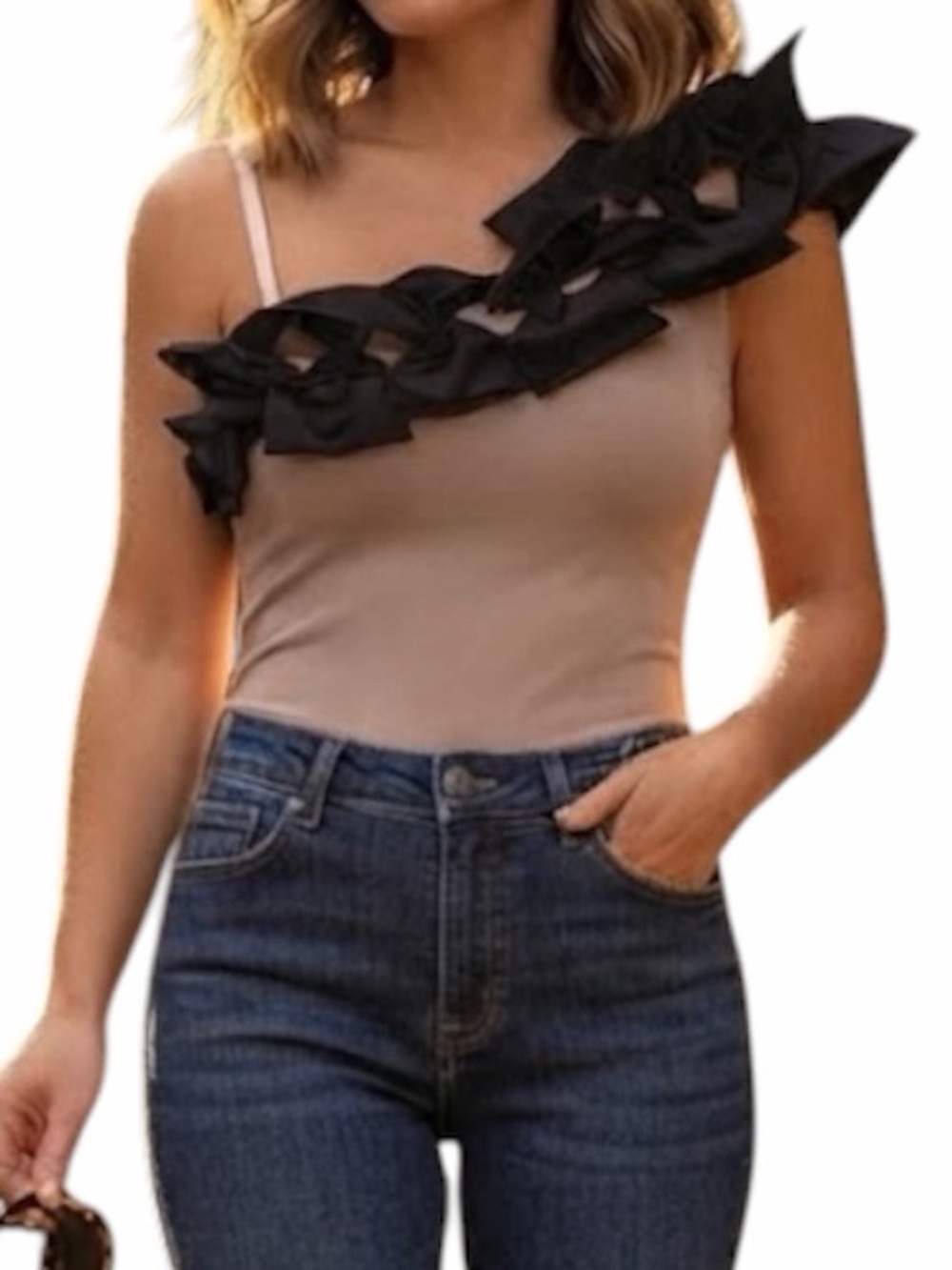 ASOS Tan Mocha One Shoulder Asymmetrical Bow Corsage Top 6 UK 10 Coquette Y2K